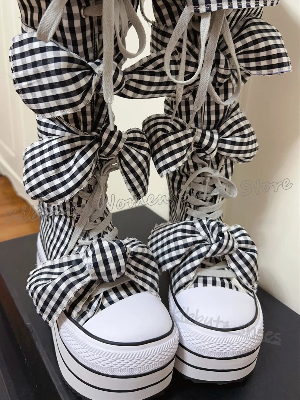 Checkered Canvas Boots Knee High Platform Lace-Up Mixed Color Fashion Elegant Luxury Novelty Women Shoes Round Toe Thick Bottom