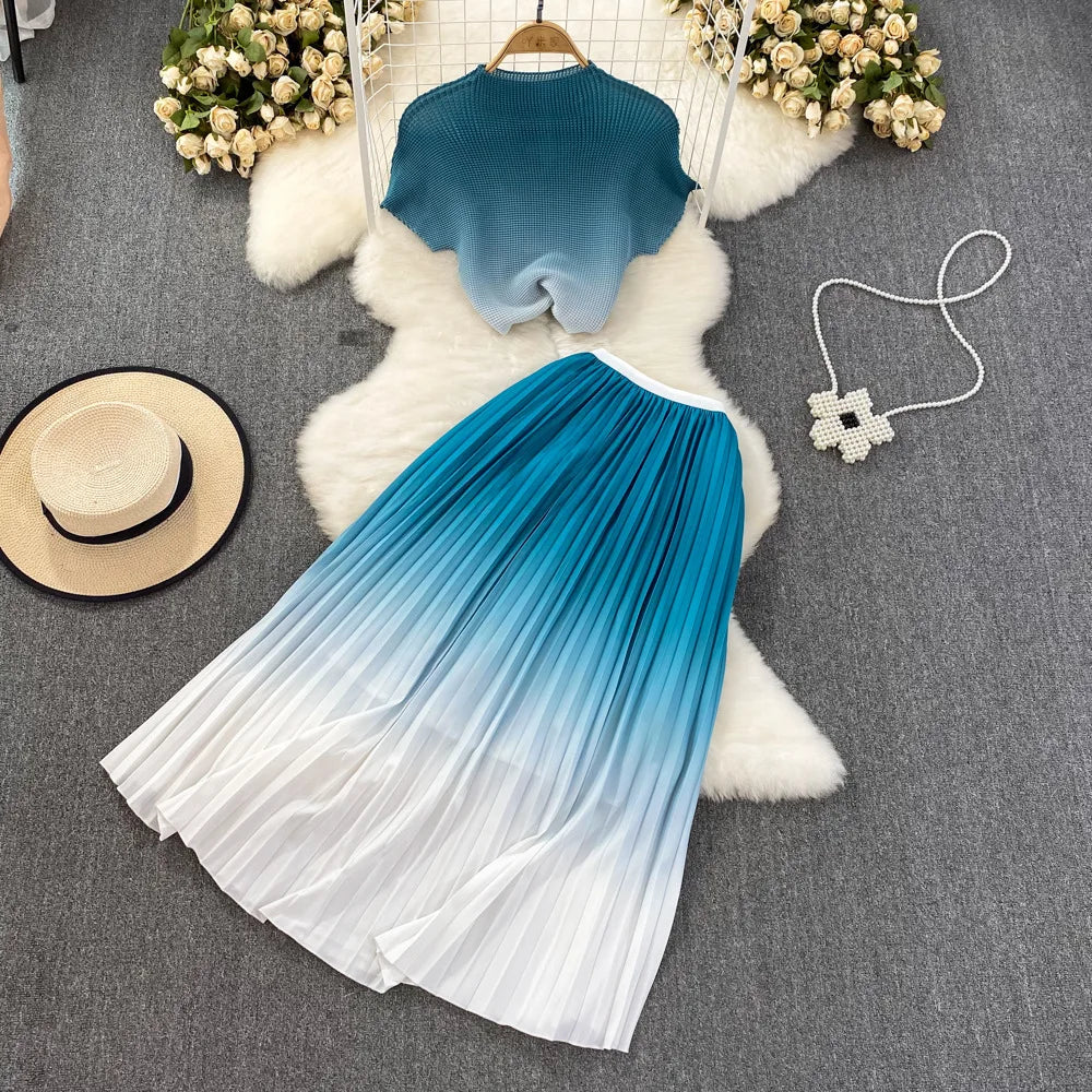 Summer Contrast Color Miyake 2 Pieces Set Women's Short Sleeve High Stretch Pullover Shirt Top+Long Pleated Chiffon Skirt Suit