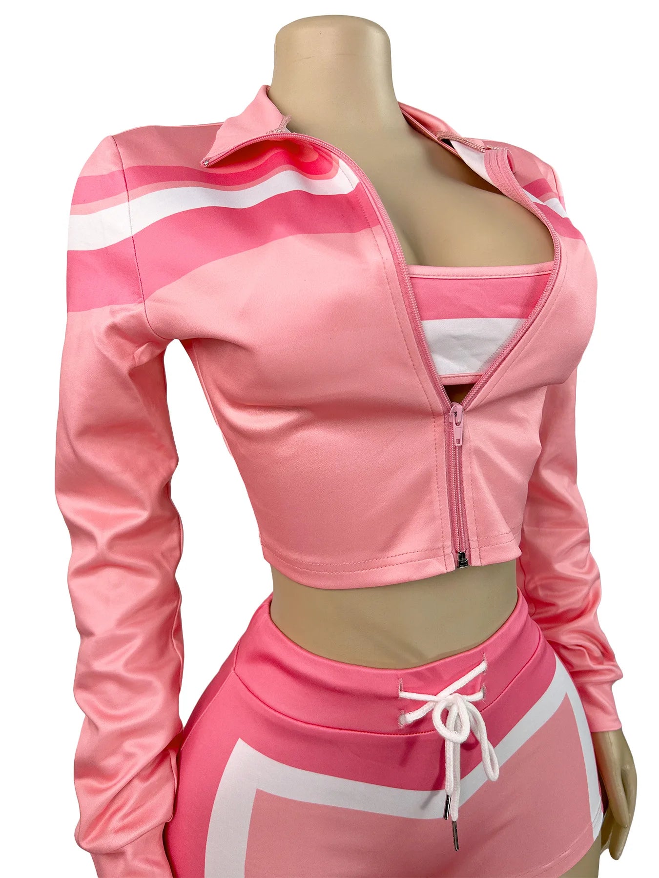 Weird Puss Contrast Patchwork 3 Piece Set Women Halter Strapless Tops+Cardigan Crop Jacket+Drawstring Shorts Sexy Sporty Outfits