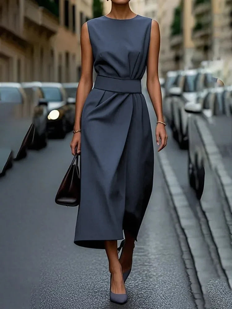 UOOZEE Women's Solid Color High Waisted Pleated Dress 2025 New Summer Sleeveless Urban Elegant A-line Party Evening Midi Dresses