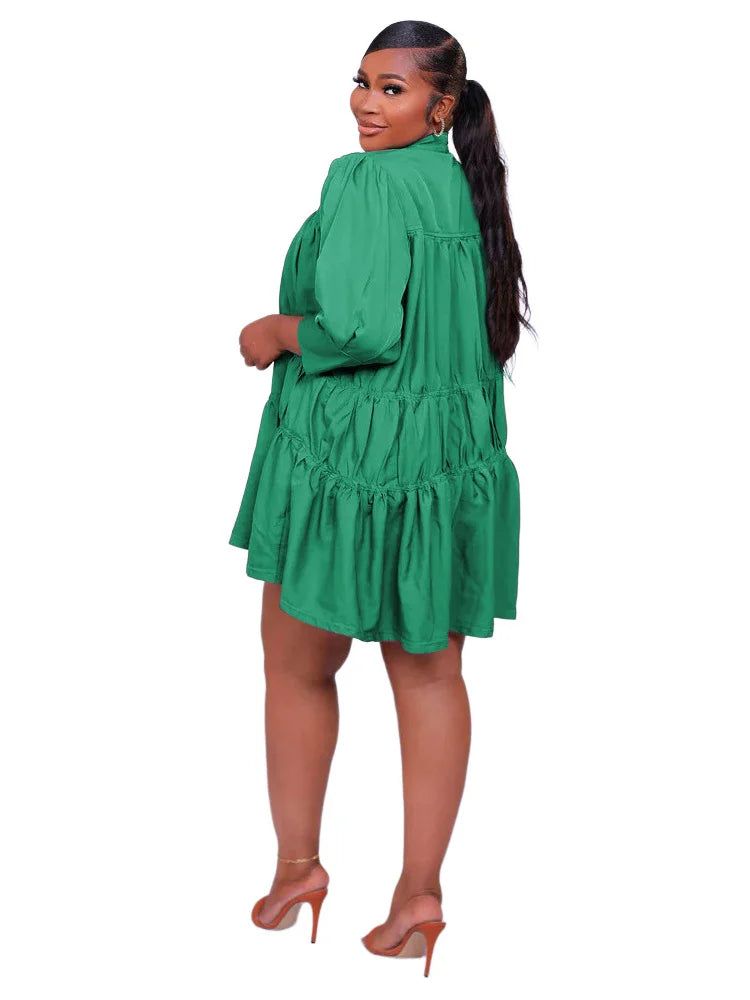 Wmstar Elegant Women Summer Solid Color Short Dress Fashion Long Sleeve High Neck High Waist Clothes Party Casual Mini Dresses