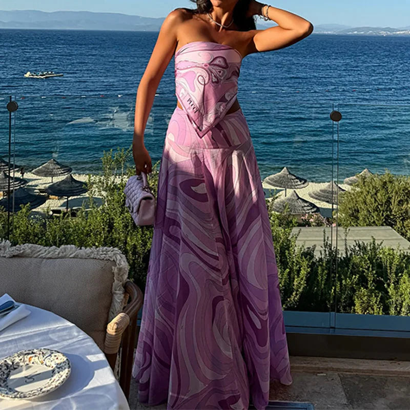 Lady Summer Chic Holiday Party Outfits Sexy Printed Strapless Top Skirts Suit Women Fashion Irregular Lace Up Pleated 2pc Sets