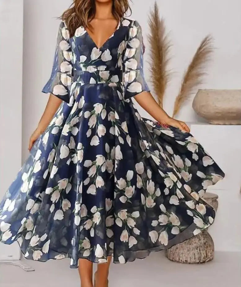 Spring Summer Women's Clothing New Casual V-neck Half Sleeve Floral Flower Dress
