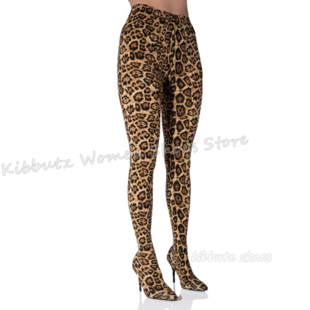 Leopard Pant Boots Over The Knee Luxury Leather Mixed Color Sexy Novelty Fashion Women Shoes Clothes Pointed Toe Thin Heel New