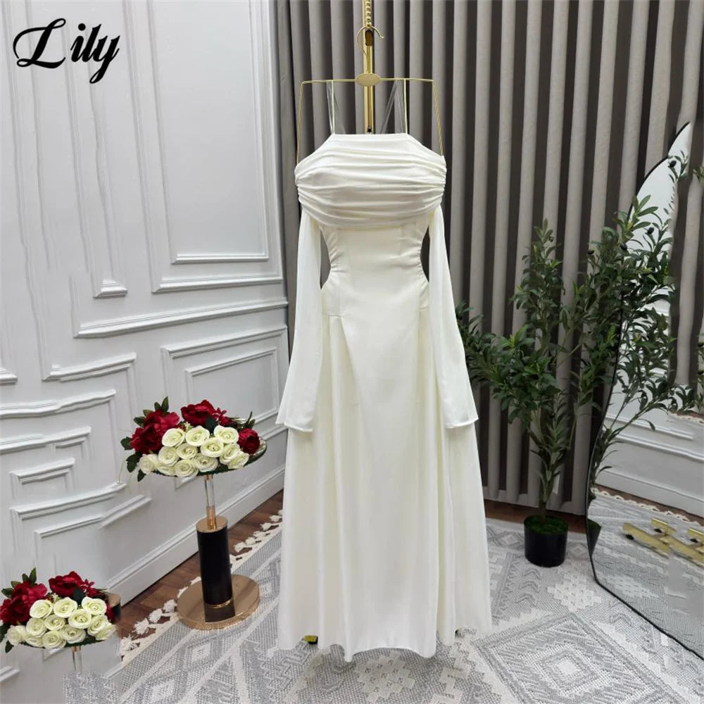 Lily White Evening Dress Off the Shoulder Prom Dresses Full Sleeves Party Formal Gown A Line robe de bal for Woman Customized