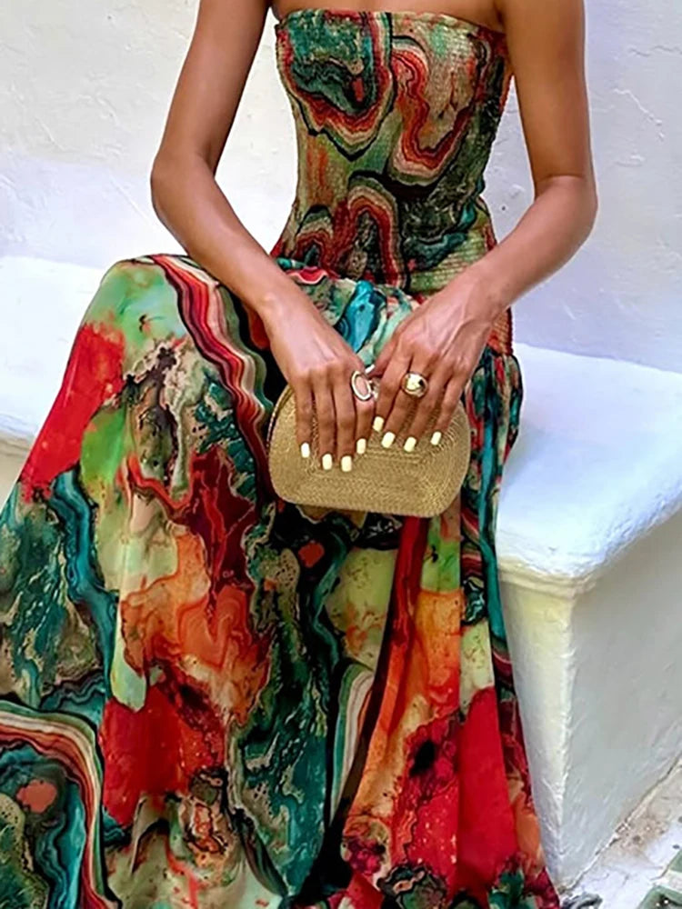 Casual Vacation Sleeveless Bohemian Dress New Summer Off Shoulder Evening Dress Pattern Printed Strapless High Waist Women Dress
