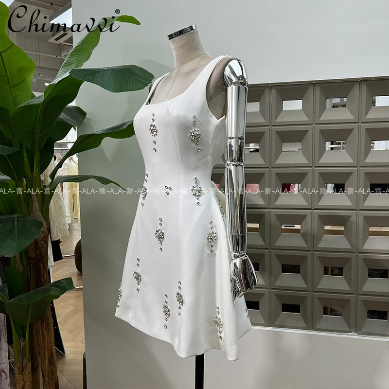 High-end Light Luxury Party Dress 2025 Summer Clothes New Heavy Industry Diamond Square Collar Waist Halter Bow Short Dress