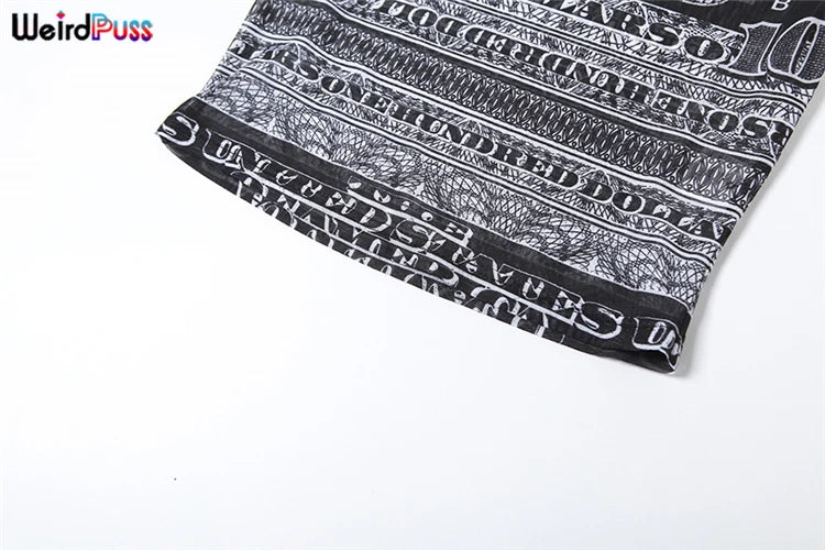 Weird Puss See Through Crop Tops Women Numeral Print Short Sleeve O-Neck Sexy Club Patchwork Streetwear Skinny Hot Girls Tees