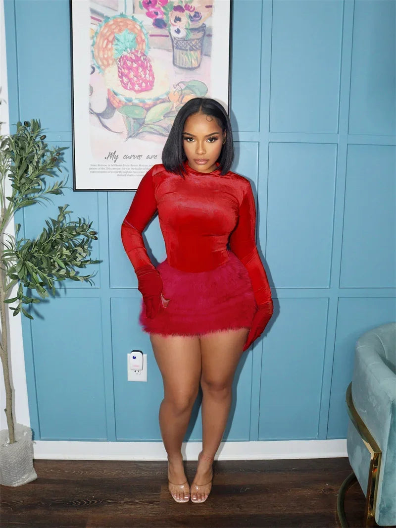 Velvet Long Sleeve Solid Gloves Sexy Bodysuit Furry Skirt 2 Piece Sets Fall Winter Women Elegant Outfit Party Birthday
