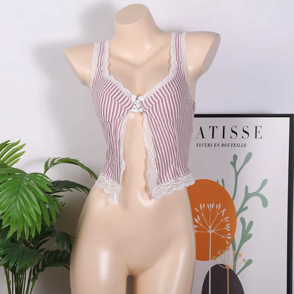 Striped Lace Trim V-Neck Slim Fit Camisole Top for Women