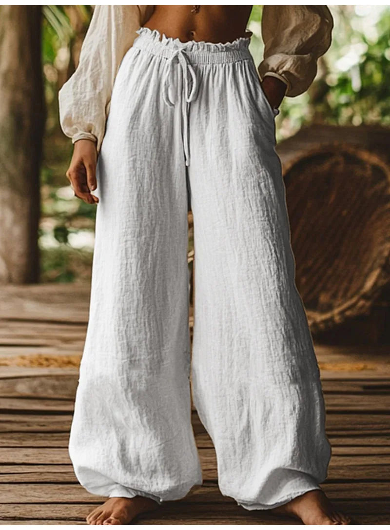 Women's Cotton and Linen Casual Loose Wide Leg Pants Autumn Retro Elastic Waist Drawstring Tied Pocket Pants Ethnic Vacation