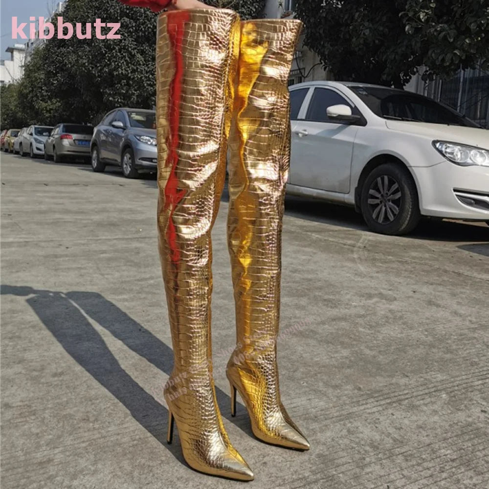 Golden Boots Over The Knee Crocodile Pattern Patent Leather Pointed Toe Thin Heel Nightclub Sexy Fashion Women Shoes 2023 Newest