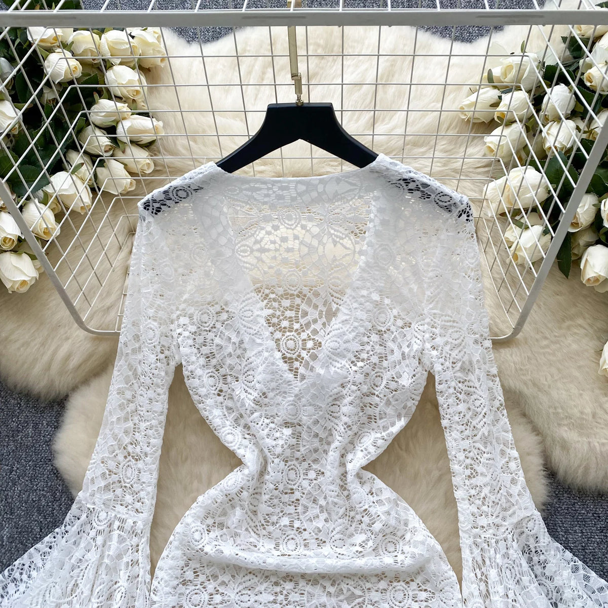 Sheer Lace V Neck Mini Dress With Flared Sleeves for Women