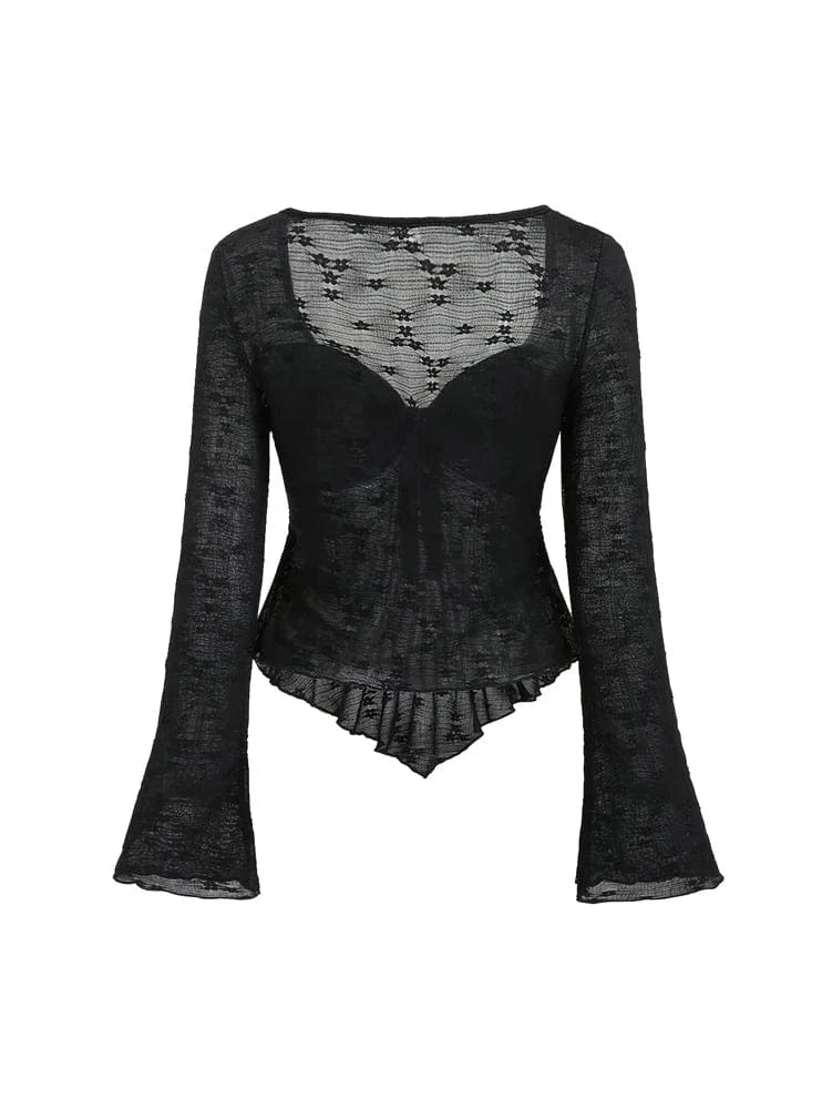2025 Spring and Summer New Women's Solid Color Long Sleeve Square Neck Rope Knot Top Lace Transparent Long Sleeve Sexy