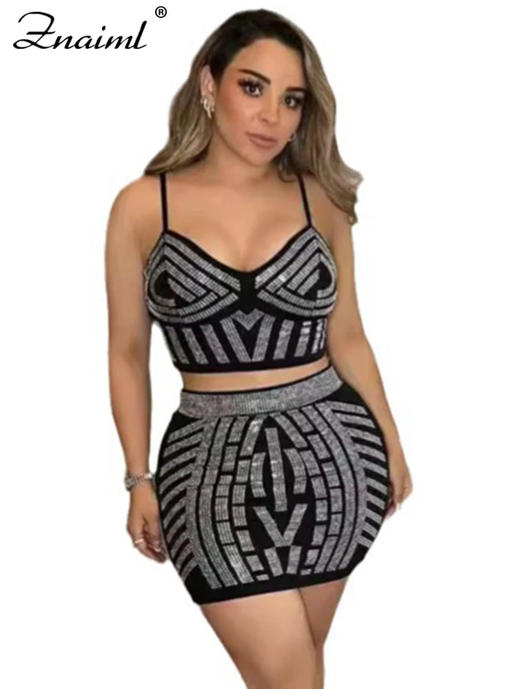 Znaiml Women Summer Two 2 Piece Dress Birthday Outfits Night Club Sparkle Black Rhinestone Crop Top and Mini Skirt Matching Set