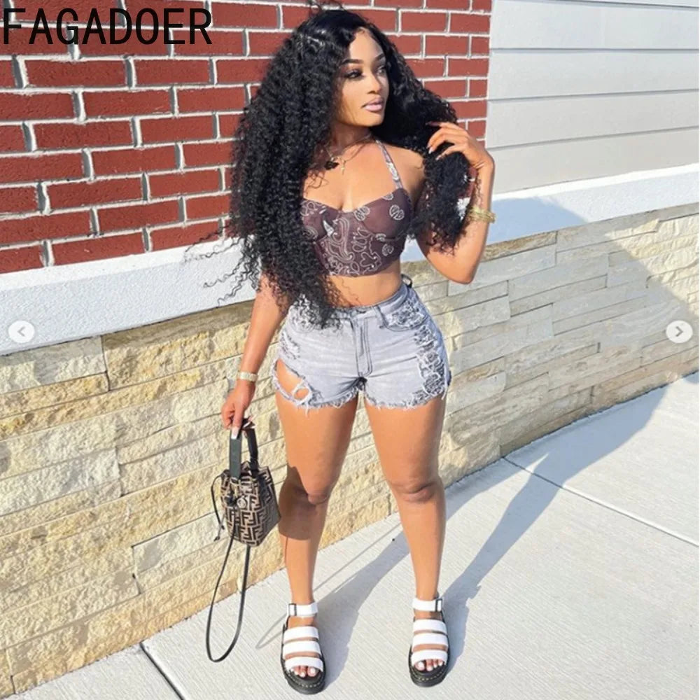 FAGADOER Gray Fashion Street Style Women High Waisted Button Denim Shorts Casual Female Solid Color Hole Matching Bottoms 2023