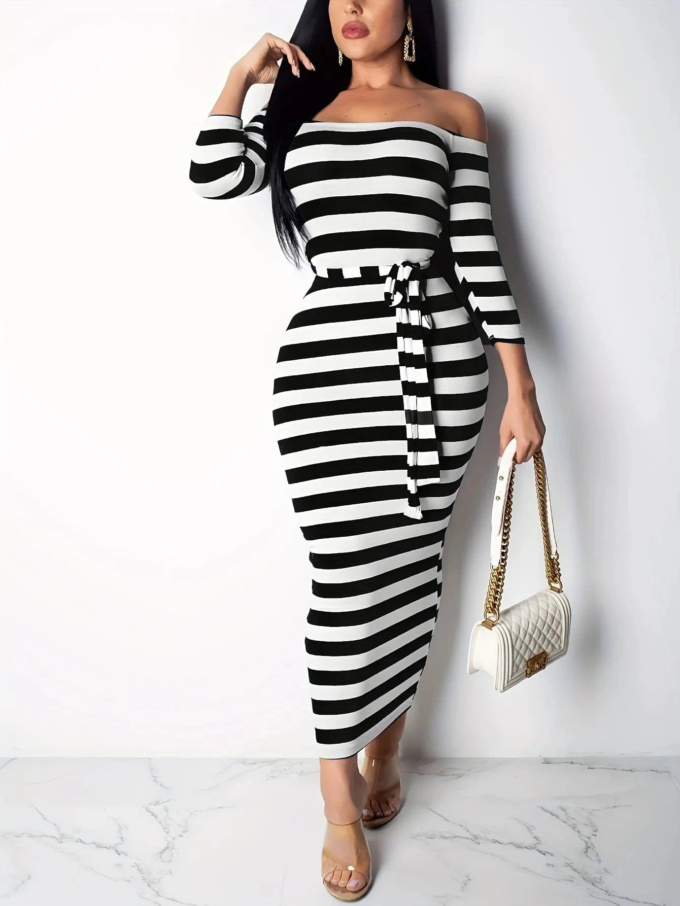 New 2024 Casual Women Dress Summer Striped Bodycon Midi Dresses Slash Neck Lace Up Three Quarter Pencil Dresses