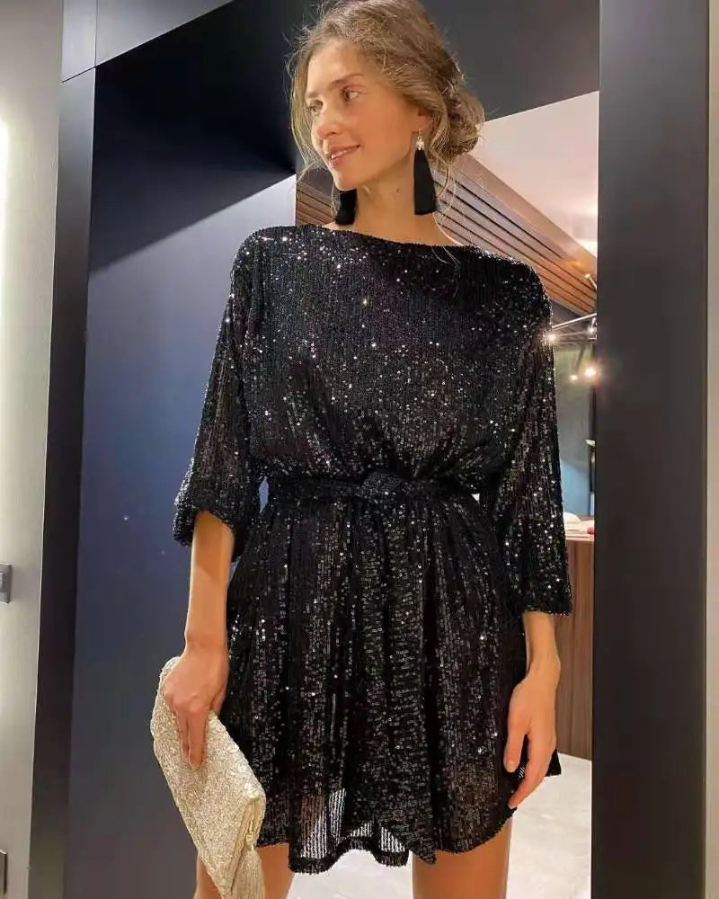 Sparkly Puff Long Sleeve Party Dress with Belt for Women Glitter Beaded Mini Dress Loose Wedding Bridesmaid Ladies Short Dresses