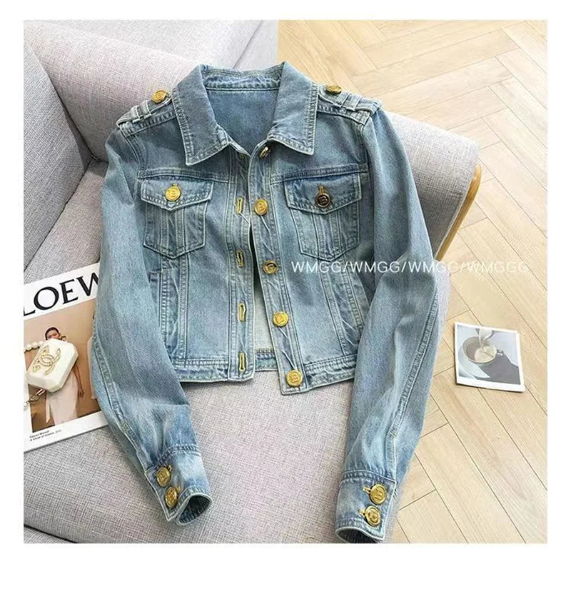Short 2023 New Design Sense Heavy Industry Denim Coat Korean Wash Fashion Short Style Temperament Top Metal buckle Denim Jacket