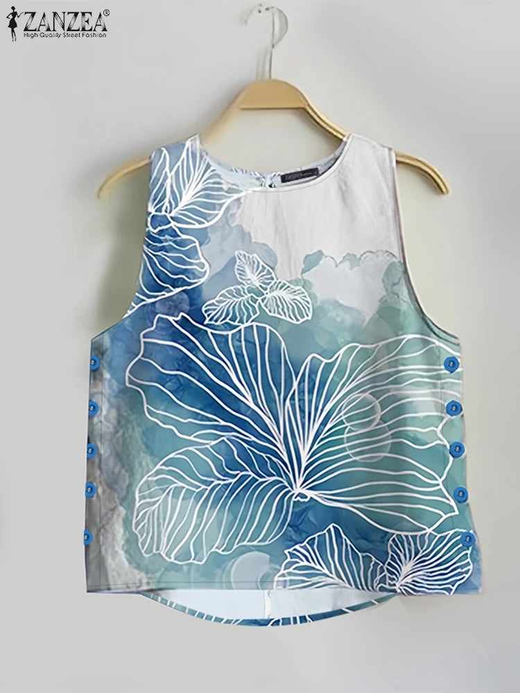 ZANZEA Womens 2025 Summer Casual Floral Printed Tank Tops Fashion O-Neck High-Low Sleeveless T-Shirts Day Wear Simple Camis Tops