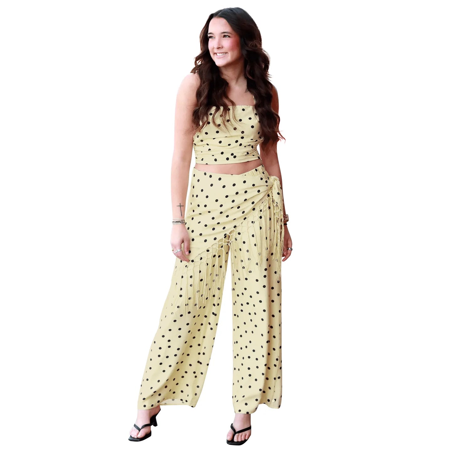 Polka Dot Print Halter Crop Top Tassel Fringe Two Piece Outfit for Women