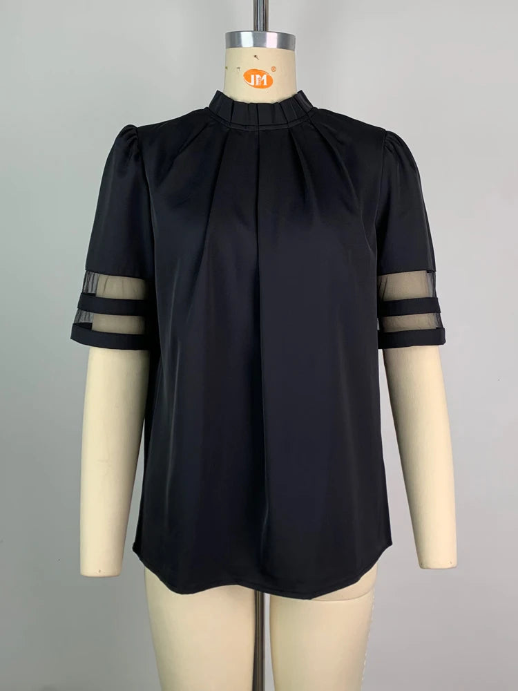 2025 Summer Women's Solid Black Tops Pleated Round Neck Mesh Patchwork Short Sleeve T-shirt Female Casual Shirts