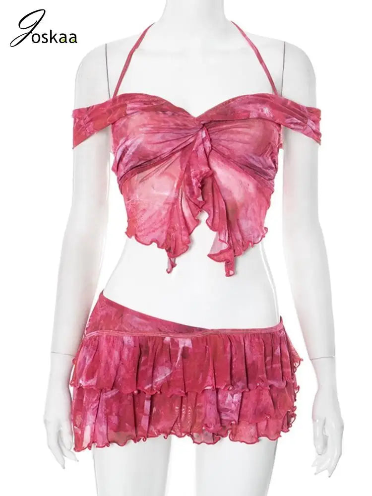 Joskaa 2025 Women's Print Beach Style 2 Piece Sets Sexy Halter Wrap Chest Tops+Irregular Mini Skirt Matching Vacation Outfits