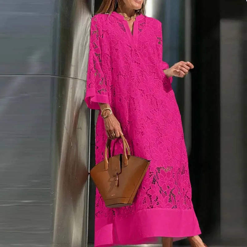 Summer Women White Lace Hollow Evening Dress Elegant V Neck Contrast Patchwork Mesh Women Long Sleeve Party lace Dress 2 piec