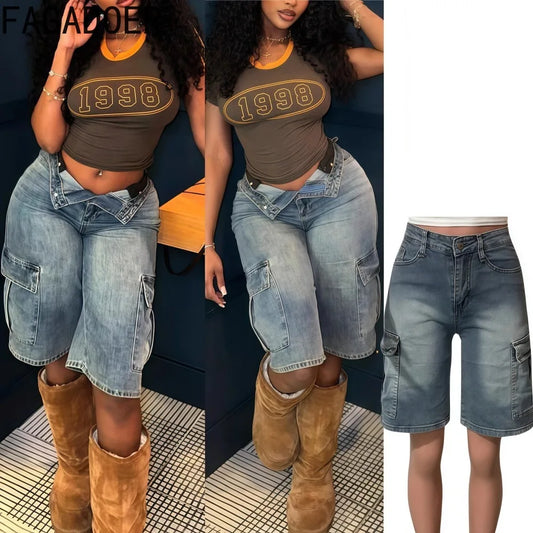 FAGADOER Y2K Sexy Bodycon Denim Pants Women Solid Color Cargo Pocket Patchwork Jeans  Female Streetwear Bottoms 2025 Summer New