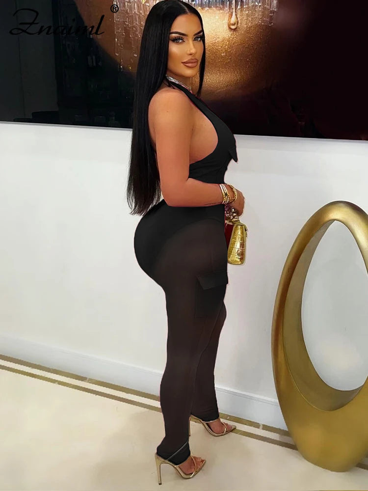 Znaiml Women's Two 2 Piece Pants Sets Sexy Deep V-neck Halter Sleeveless Backless Pocket Tops and Mesh Trousers Night Club Suit