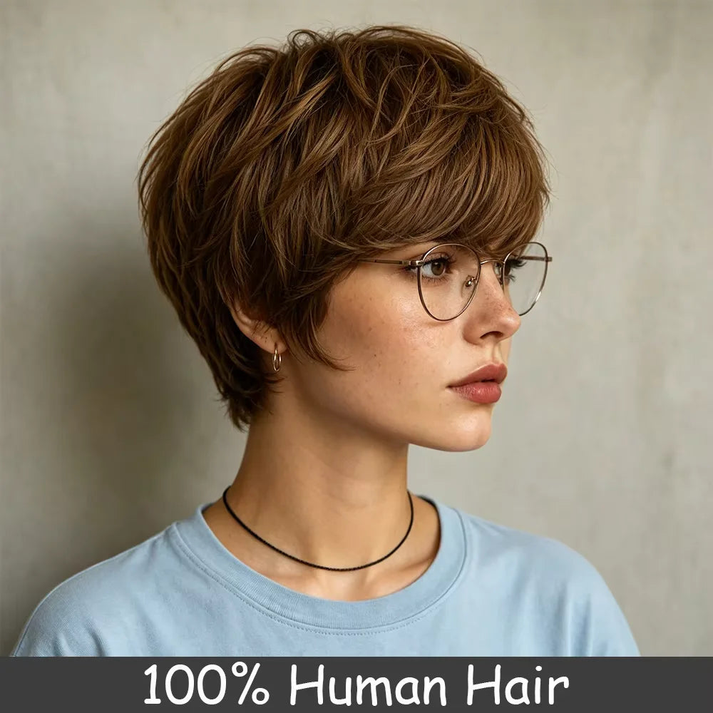 Straight Short Pixie Human Hair Wig With Bangs For Women