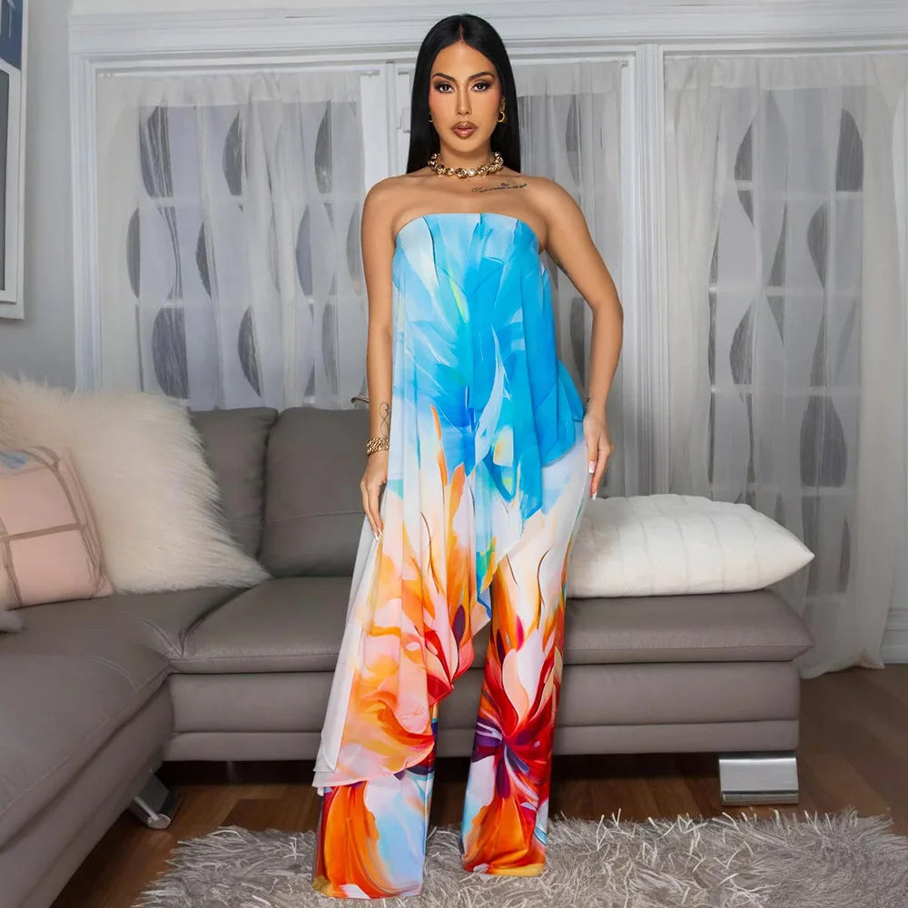 CM.YAYA Beach Holiday Print Women's Set Strapless High Low Blouse Top and Pants Suit 2025 Street Summer Two 2 Piece Sets Outfit