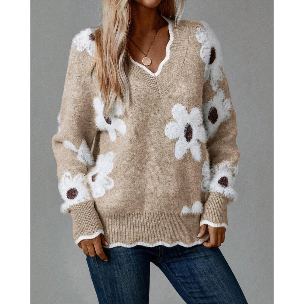 Women Contrast Binding 3D Flower V Neck Long Sleeve Pullover Sweater Casual Loose Fit Fall Top for Autumn Winter Outfits