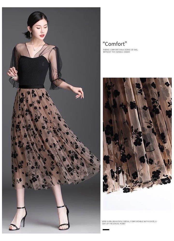Flocking Floral Pirnted Long Mesh Skirt for Women, High Waist, Max Pleated Tutu, Tulle Skirt, Gauze Skirt, Female, 2025