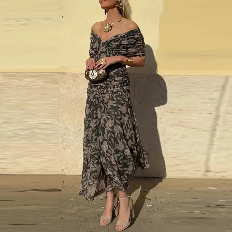 Fashion Off Shoulder High Waist Long Dress Women's Elegant Short Sleeve Commuter Dress New Spring Summer Printed Bohemian Dress