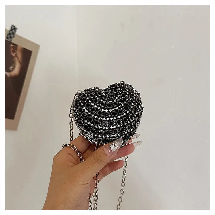 Luxury Mini Diamond Inlay Heart Shape Crystal Clutch Purse Stones Evening Wedding Party Shoulder Bag Handle Rhinestone Handbags