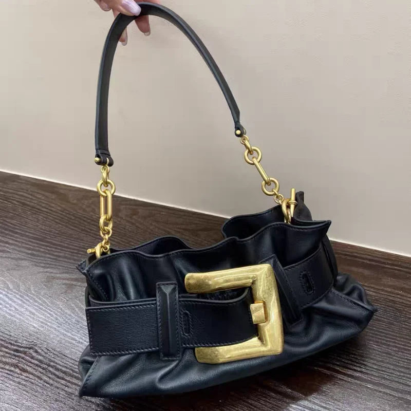 Women's Pleated Motorcycle Bag Trendy Belt Buckle Shoulder Bag Brand Design Fashion Large Capacity Texture Underarm Bag Tote Bag
