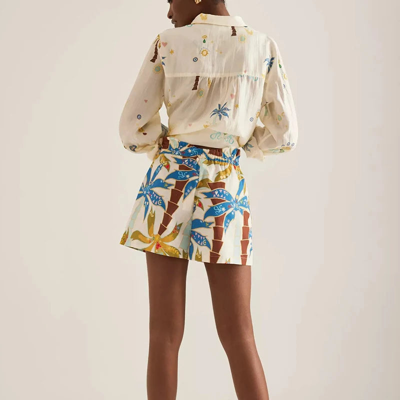 2025 Vacation Loose Outfit Spring Summer Pattern Printed Long Sleeved Two Piece Set Women Lapel Button Up Shirt and Shorts Suit