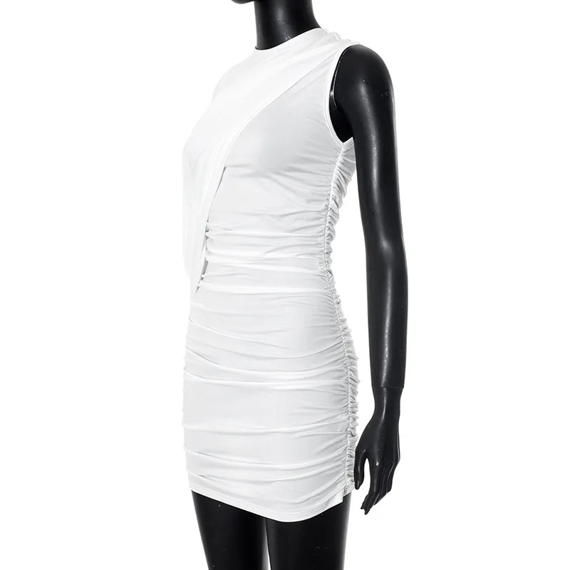 Joskaa Elegant Pleated O-Neck Asymmetric Single Sleeve Body-Shaping Mini Dresses for Women 2025 Summer Holiday Party Clubwear