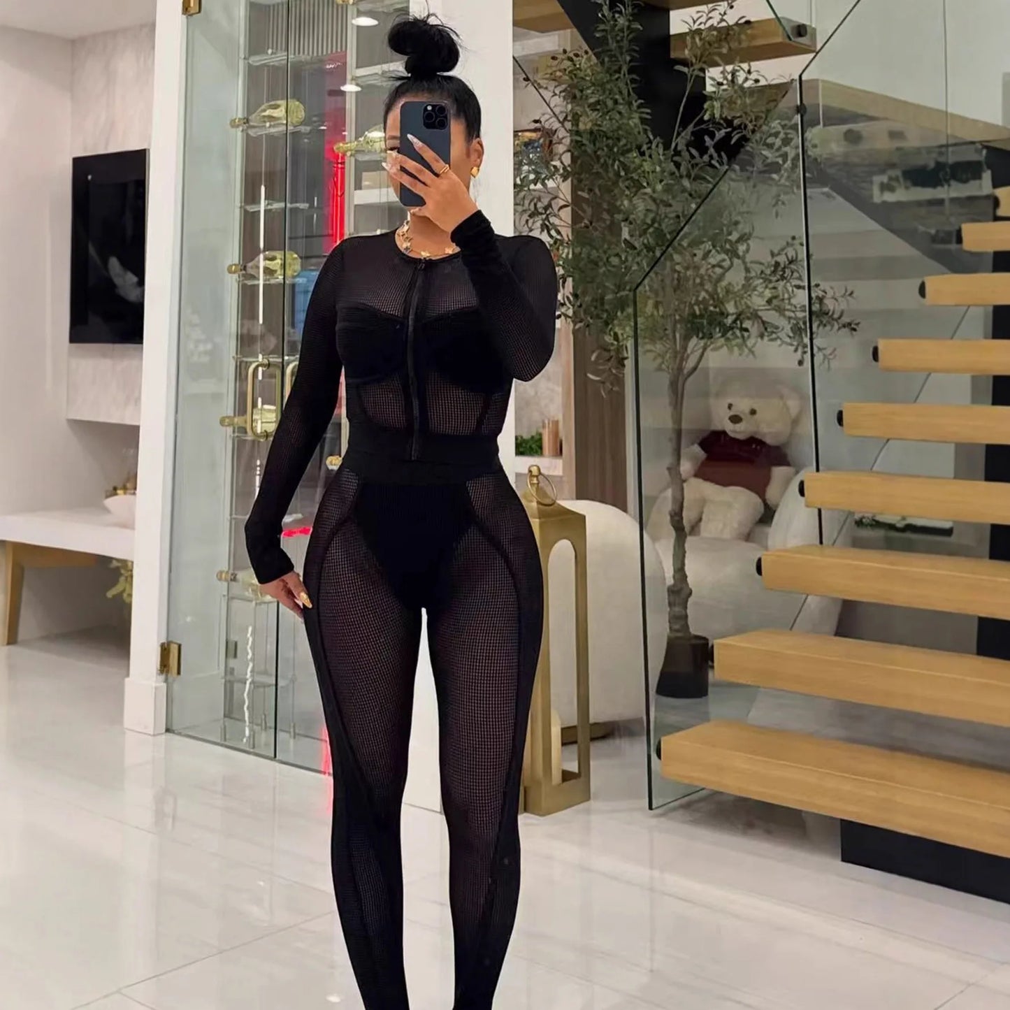FAGADOER Sexy Hollow Out Bodycon 2 Pieces Set for Woman Mesh See Through Long Sleeves Tops + Leggings Matching Female Streetwear