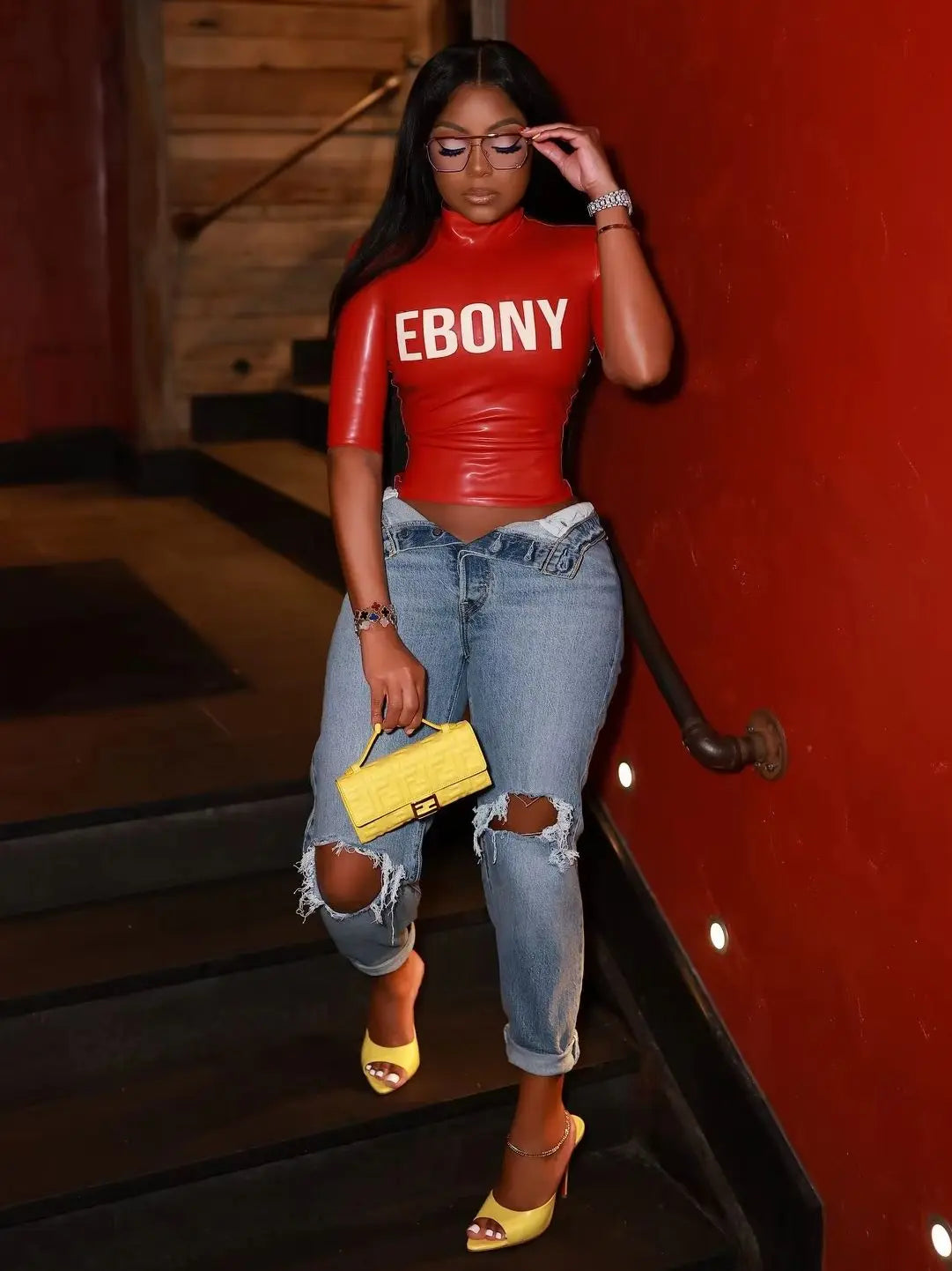 Short Sleeve Faux Leather Turtleneck Top for Women