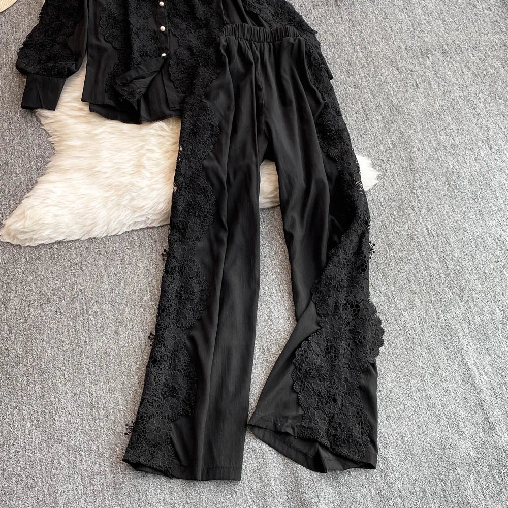 CM.YAYA Fashion Lace Embroidery Patchwork Women's Set Long Sleeve Shirt and Wide Leg Pants 2025 Vacation Two 2 Piece Sets Outfit