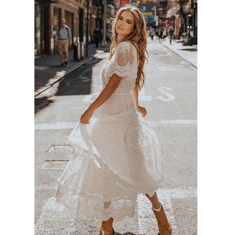Summer Women V-Neck Embroidery Slim-Fit Short Sleeve Long Dress Beach Bohemian Wedding White Lace Dress