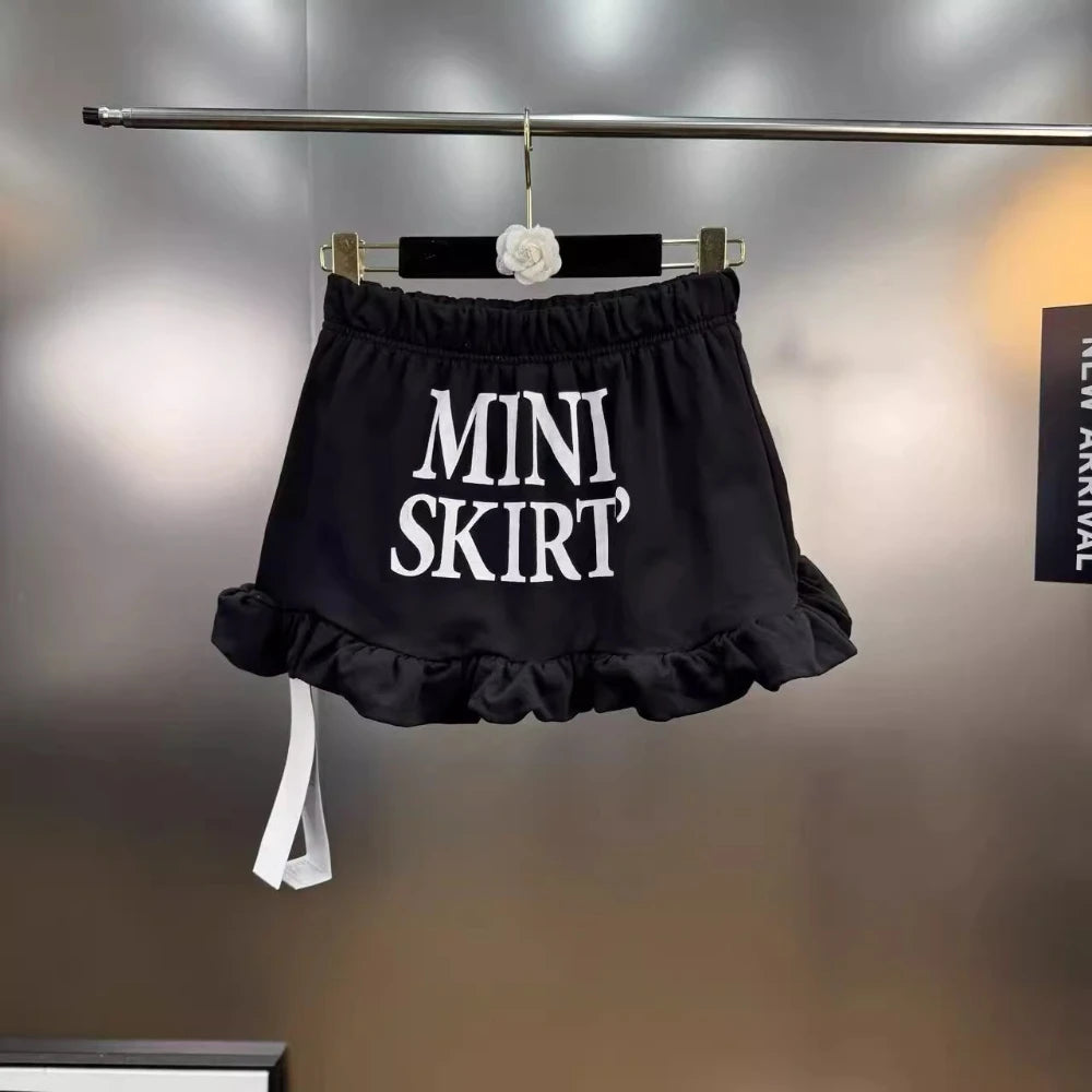 VGH Versatile Patchwork English Letters Short Skirt for Women Low Waist Spliced Ruffles Hem Hotsweet Skirts Female Summer New