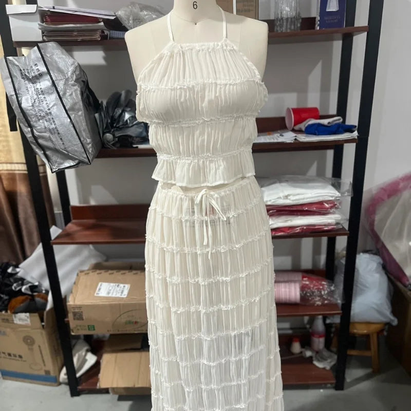 Chic Ruffle Long Skirt 2-piece Set Women Fashion Slim Fit Backless Sleeveless Elastic Halter Vest Suits 2025 Summer Y2k Outfits