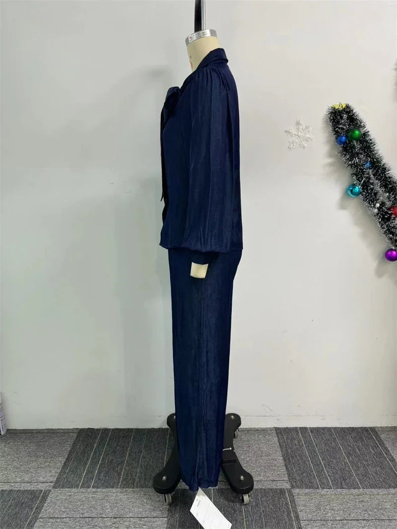 Lmitation Denim Pant Sets Womens 2 Piece Outfit Loose Fit Lantern Sleeve Bow Tie Shirt Top and Wide Leg Pants Matching Sets
