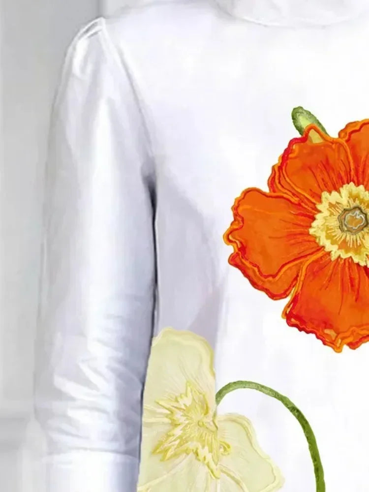 2025 Flower Printed T-shirt for Women Stand Collar Three-quarter Sleeves Loose Fit Shirt Top Summer Casual Blouse