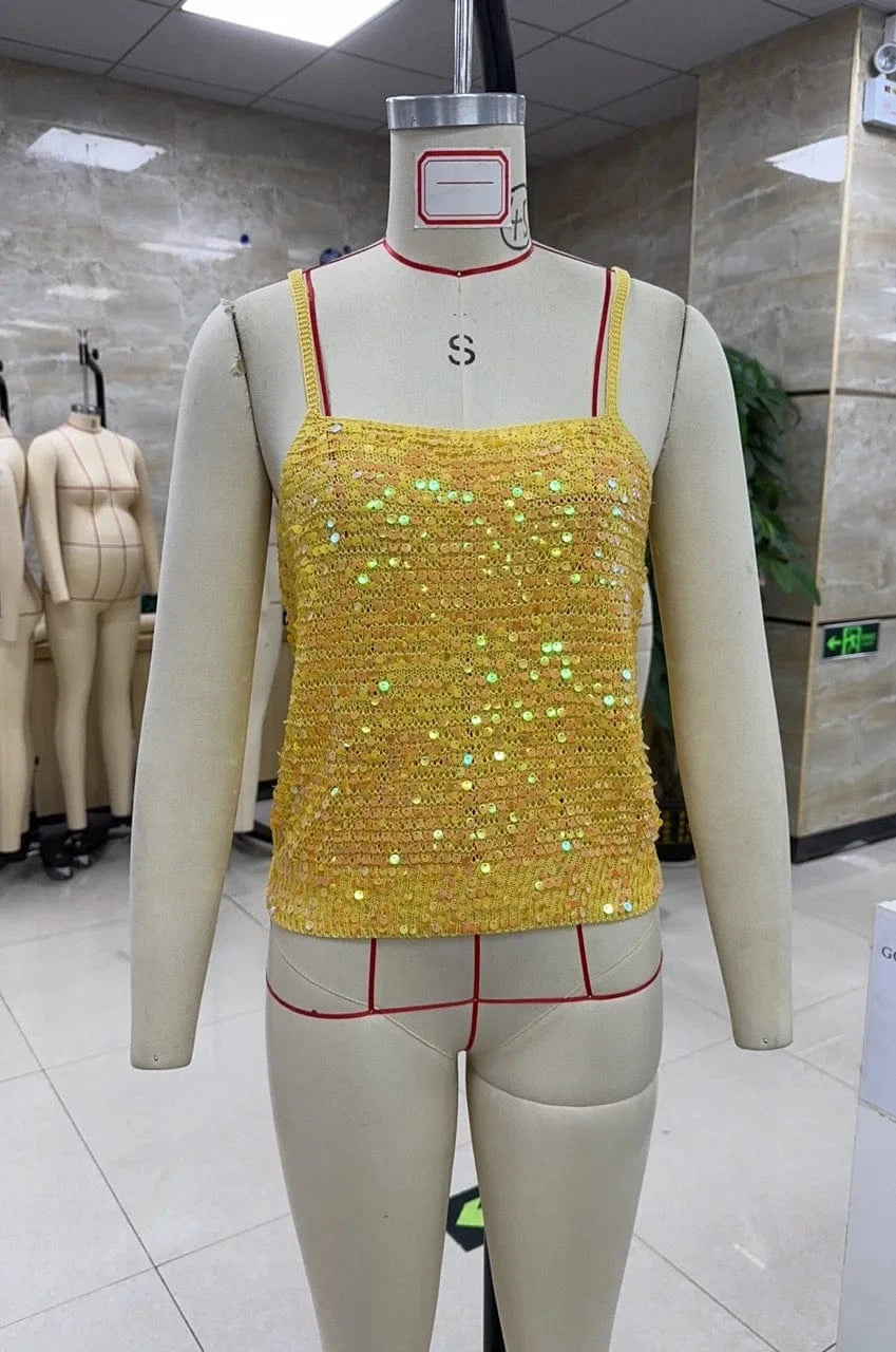 hirigin Sequin Crochet Crop Tops Women Summer Beach Knitted Smocked Camis Sparkly Glitter Backless Cover-up Crop Tops Vest