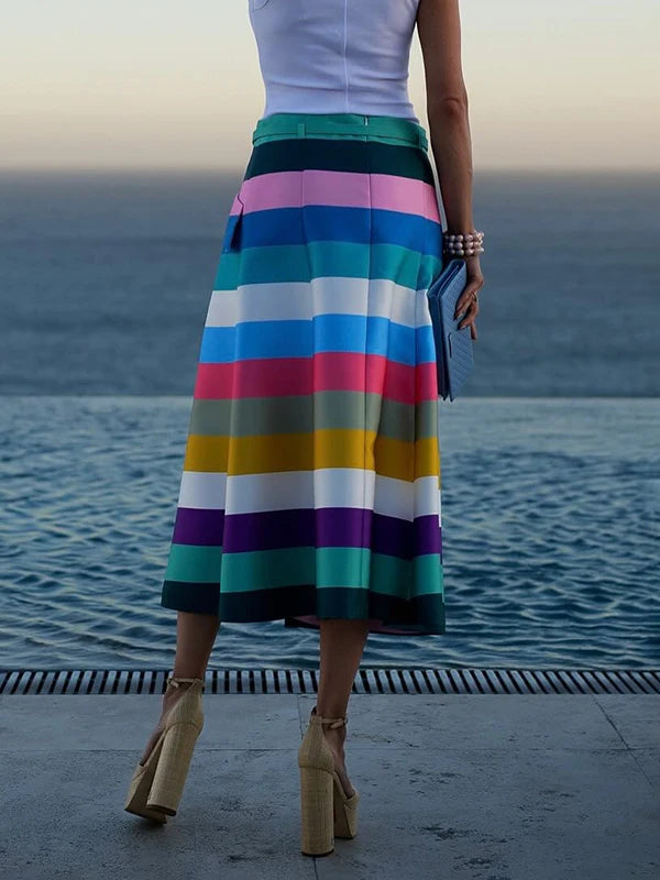 Krisstarsgirls 2025 Colorful Striped Skirts for Women Trendy Summer Split-joint Belted Pockets Skirts Bottoms Clothes for Woman