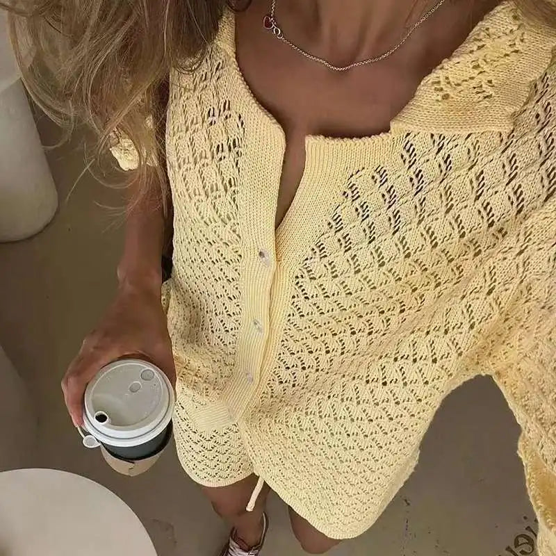 Holiday Hollow Out Knit Crochet Outfit Woman Single Breasted Lapel Shirt Top & Lace Up Short Sets Solid Spring Summer Beach Suit